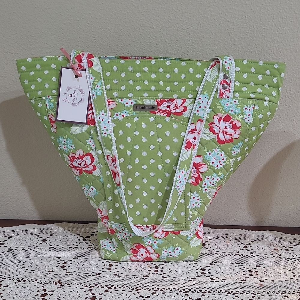Handcrafted Green and Red Quilted Floral Tote